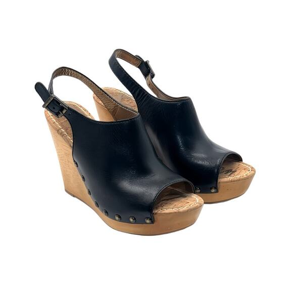 SAM EDELMAN Camilla Black Leather Studded Slingback  Wood Wedge Platform Sz 10 - Picture 3 of 10